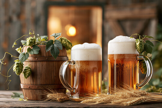 Two beer mugs with foam beside wooden barrel hop cones and wheat, Oktoberfest still life