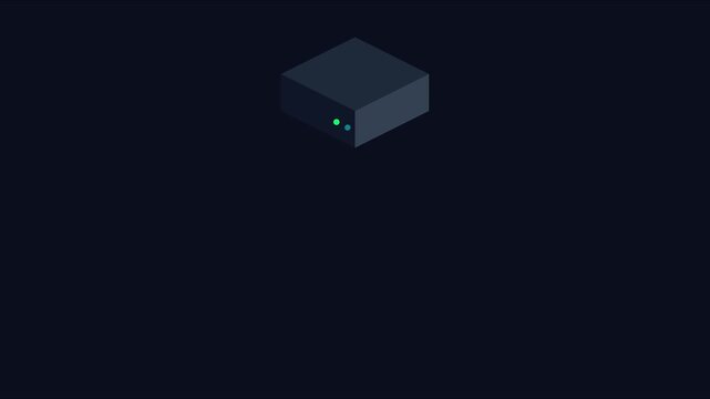 Minimalist isometric server box animation with blinking led status lights 4k data technology network