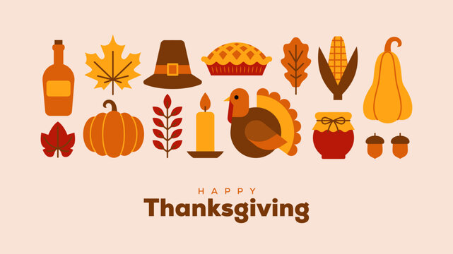 Happy Thanksgiving Day banner or gritting card design with autumn icons and symbols. Giving thanks holiday background.