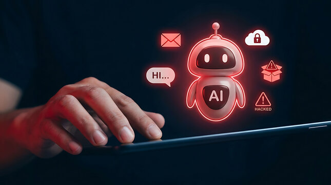 AI robot avatar glowing digital interface with cybersecurity threats and hacking