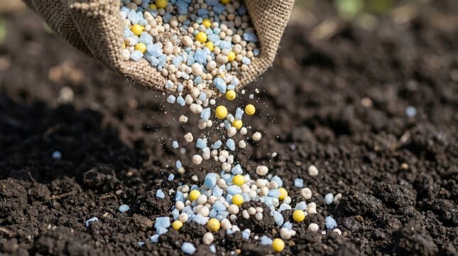 Fertilizer pouring onto soil from burlap sack during planting