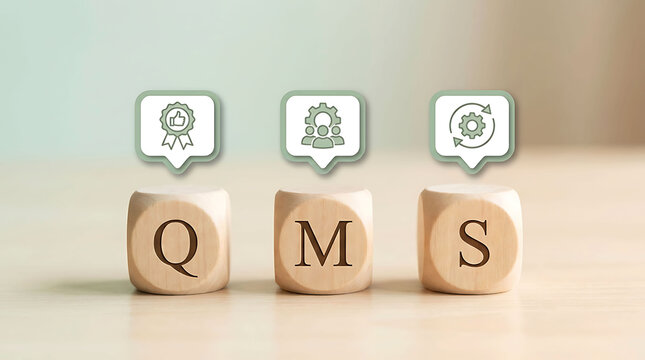 Wooden blocks spelling QMS for Quality Management System concept on wooden desk