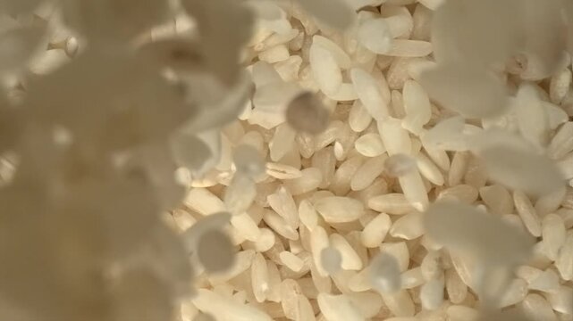 Rice grains falling in slow motion rustic texture top view