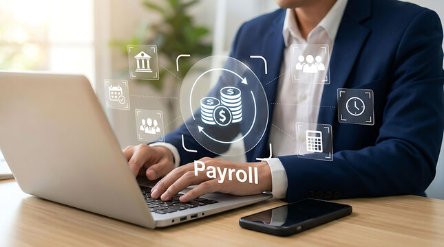 Professional man using laptop with payroll finance technology interface graphics