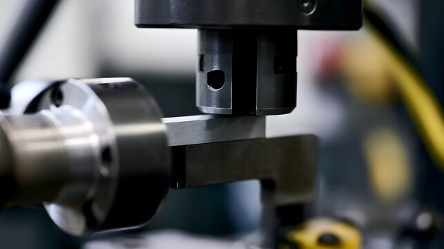 Close up of industrial hinery components during precision metalworking ope n with focused lighting