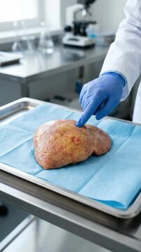 Pathologic organ inspection: examine liver, identify hepatitis, medical diagnosis, scientific research, tissue analysis, human specimen, glove hand, laboratory procedure, disease process.