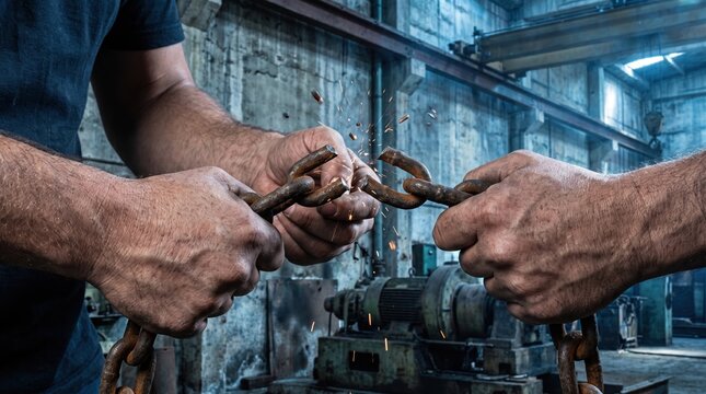 Strong hands pulling and breaking rusty iron chains in industrial workshop
