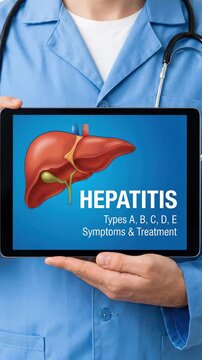 Health awareness display: liver organ, hepatitis virus, medical consult, digital screen, patient education, disease diagnose, treatment option.