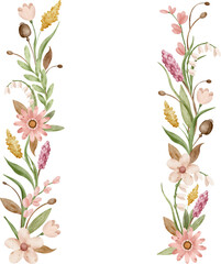 Obraz premium Hand-Painted Watercolor Vertical Floral Frame Border. Wildflowers, Pink Blossoms, Poppy Pods, And Botanical Leaves. For Cottagecore Wedding Invitations, Greeting Cards, Autumn Designs. Isolated PNG.