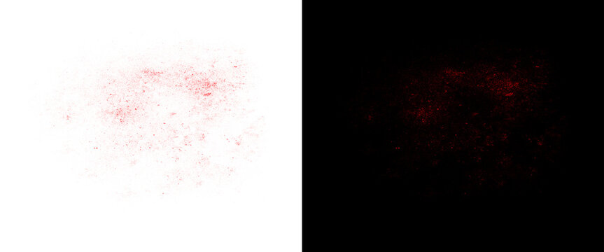 Red blood splatter texture on white and black background, organic spray paint effect, dramatic crimson liquid droplets for horror design