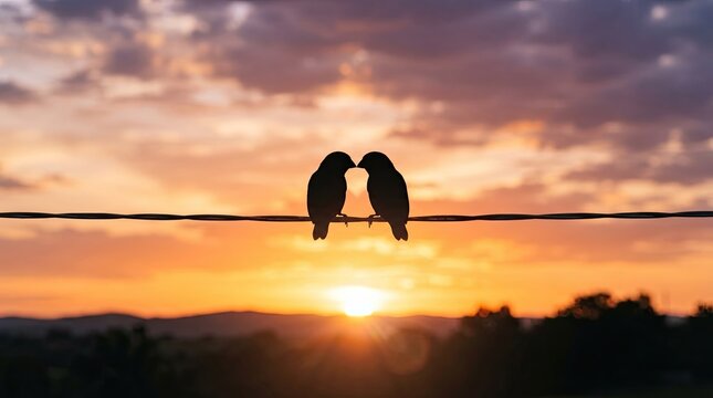 Two birds forming heart shape silhouette at sunset against colorful sky with closely wire creating during sunset vibrant perch closely wildlifeimage skybackground skytransition horizonline glow