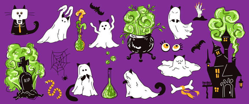 Set of Halloween ghosts and black cat. Haunted house, cauldron, potion, bats, spider web and tombstone. Spooky vector illustration.