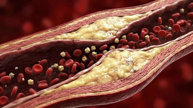 Arterial narrowing process: lipid concentration, plaque accumulation, vascular compromise, cardiac risk, health concern, blood obstacle, disease progression