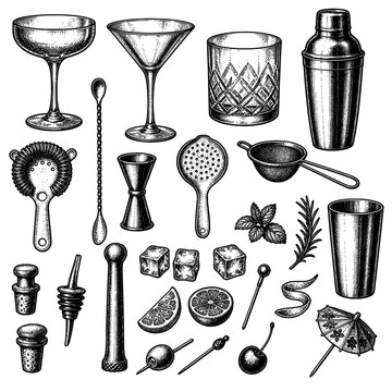 Cocktail Barware Glasses Shaker Strainers and Garnishes