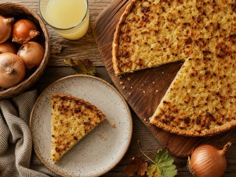 Traditioneller deutscher Zwiebelkuchen aus der Vogelperspektive mit einem St&uuml;ck auf dem Teller, frischen Zwiebeln und Federwei&szlig;em auf einem rustikalen Holztisch.