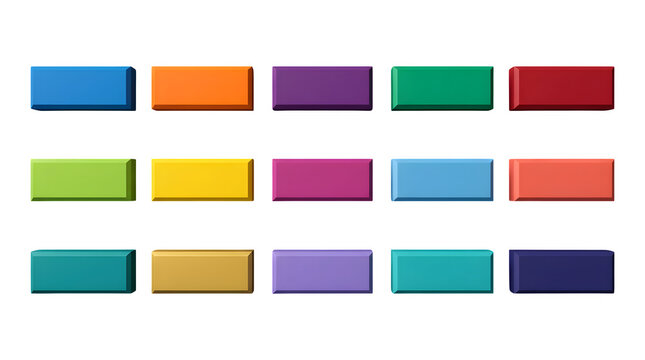 A collection of colorful rectangular buttons with a 3d effect isolated on a white background