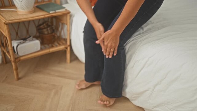 Woman sitting on bed rubbing knee with hands for knee pain, barefoot in building interior; self care discomfort.