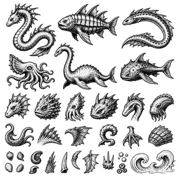 Fantasy Sea Monsters with Tentacles Fins Scales and Waves