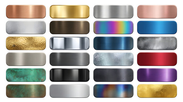 Collection of various metallic textures and gradients in rectangular shapes isolated on a black background