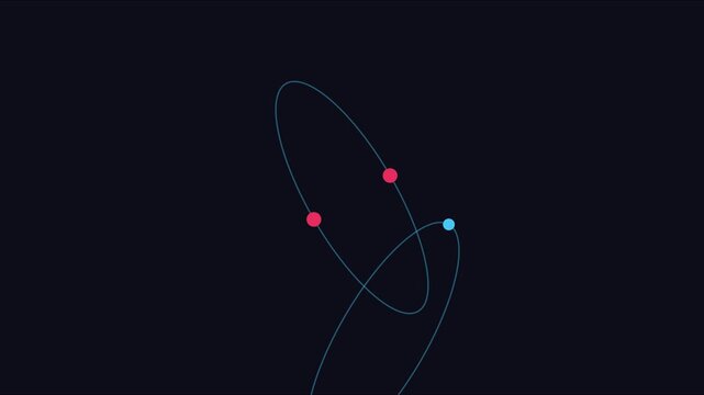 Abstract atomic orbit animation with rotating particles and elliptical paths on dark 4k background science
