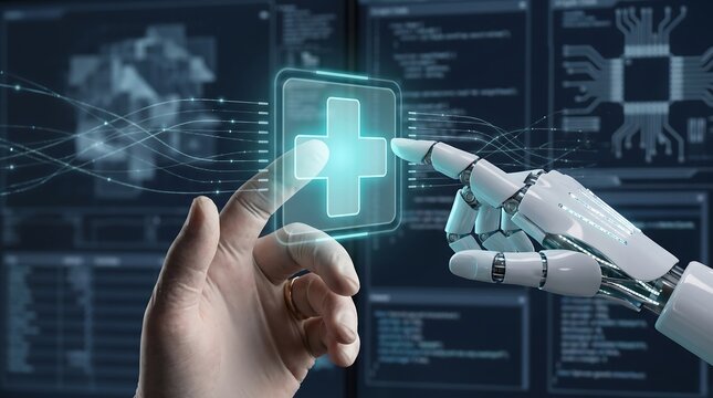 A robotic hand and human hand interacting with a digital medical cross for world aids day awareness