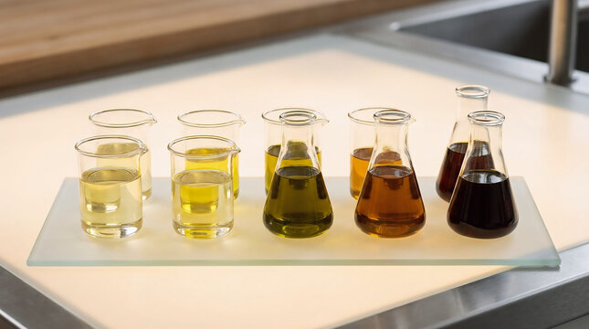 A line of laboratory glassware containers filled with various types of cold pressed oils, showcasing different color grades and textures for quality testing