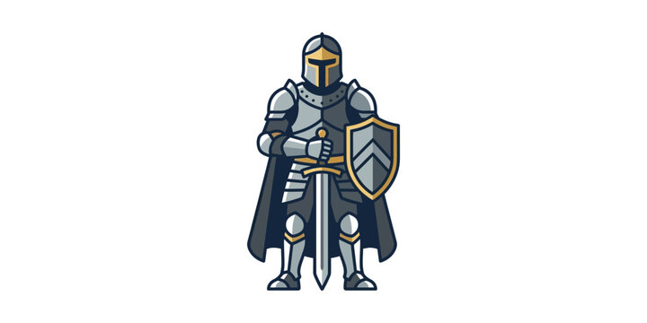 A vector illustration of a medieval knight in full armor holding a sword and shield.