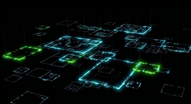 Futuristic digital architectural blueprints floating in 3D neon space