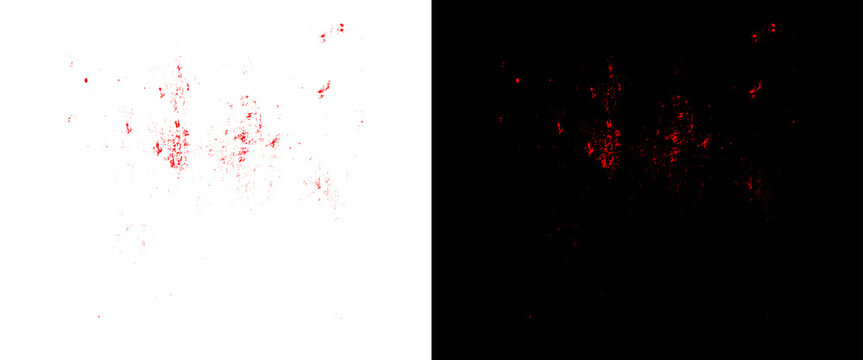 Abstract red blood splatters on white and black backgrounds, realistic liquid spray texture, horror and medical crime scene elements