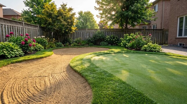 Professional backyard golf green featuring a sand trap and lush garden landscaping at sunset
