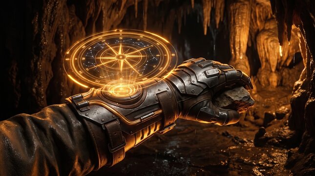 Futuristic armored gauntlet with glowing holographic compass in dark cave