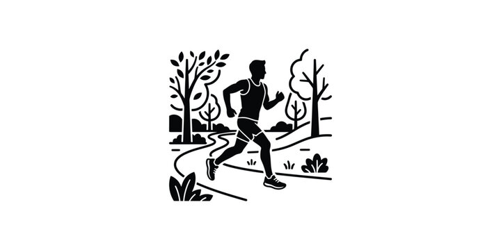 Black and white illustration of a man running outdoors.