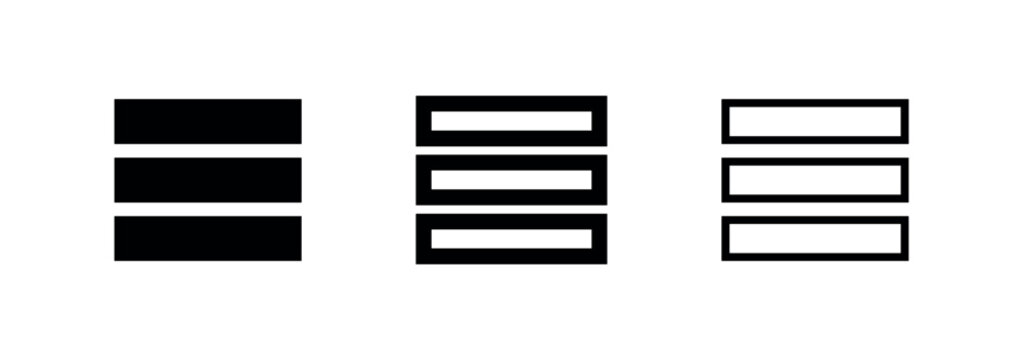 Hamburger menu and list icon set for navigation, options, and organized content display in digital interfaces.