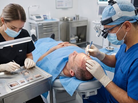 Professional Medical Team Performing Hair Restoration Surgery on Male Patient
