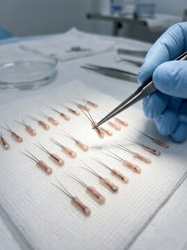 Close-up of Hair Follicle Grafts During Hair Transplant Surgery