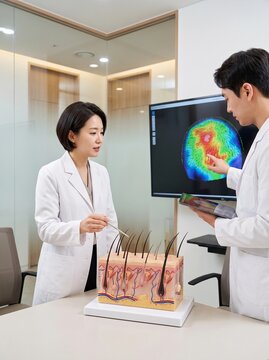 Doctors Analyzing Hair Follicle Model and Scalp Scan Data