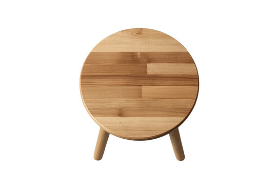 Round wooden three leg stool viewed from front