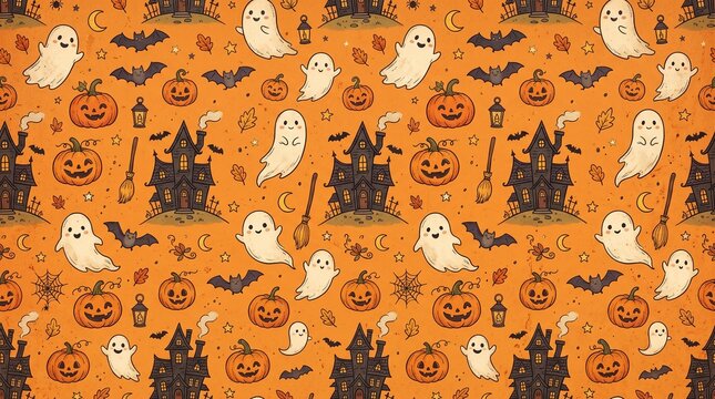 Cute seamless halloween pattern with ghosts pumpkins haunted houses and bats on orange background, generative AI