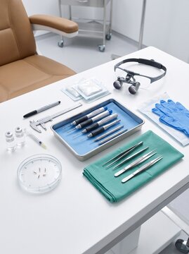 Hair Transplant Surgical Instruments and Equipment on Medical Table