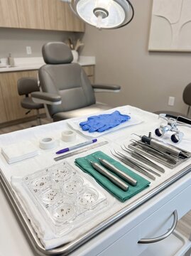 Professional hair transplant surgery setup with instruments and grafts