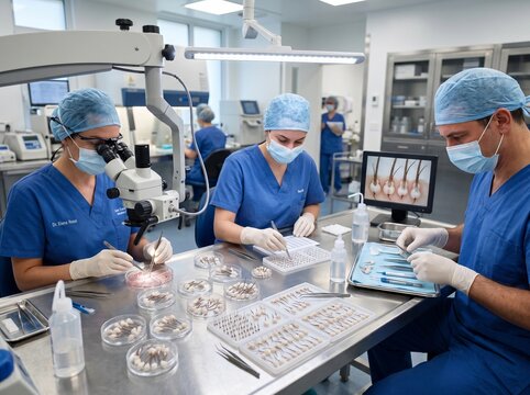 Medical professionals preparing hair follicles for transplant in laboratory