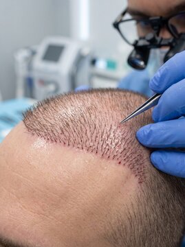 Close-up of a Hair Transplant Surgery Procedure on Patient Scalp