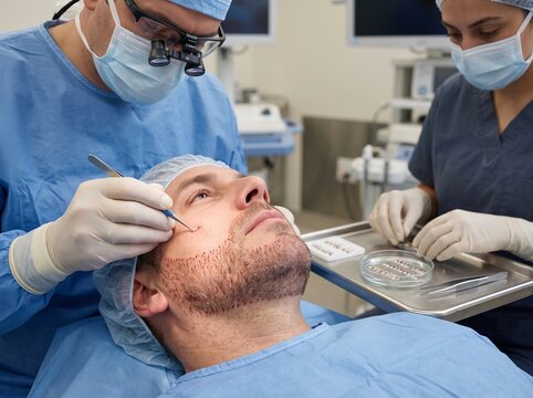 Professional surgeons performing beard hair transplant surgery on male patient