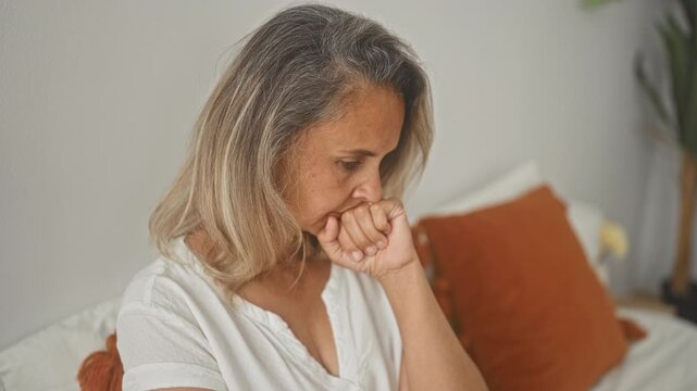 Woman on bed with fist pressed to mouth, hand to lips gesture inside a building; quiet contemplation.