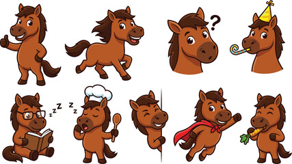 Fototapeta premium Cute Horse Character Vector Set with Mascot Poses Showing Thumbs Up Running Celebrating Birthday Reading Cooking Flying and Eating Carrot for Children Designs