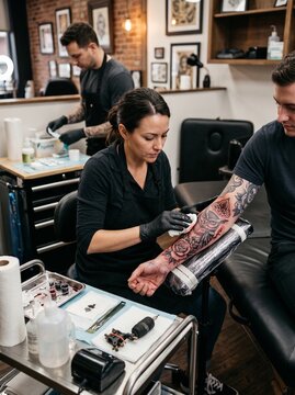 Female Tattoo Artist Working on Detailed Owl Tattoo on Client