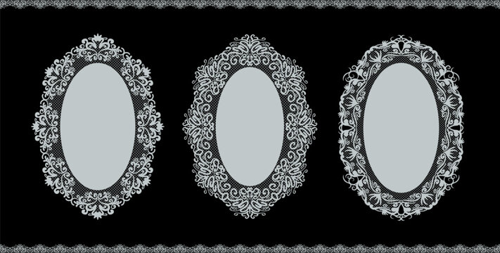 Lace oval frame with crochet doily border and ornamental trim. Vintage floral filigree pattern for wedding or greeting card design. Vector set