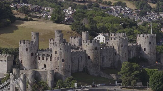 Aerial view of Conwy Castle in North Wales. Historic medieval architecture and Welsh heritage and culture