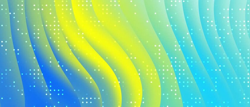 Abstract background with dynamic flowing waves and a gradient of yellow and blue colors. Subtle dotted patterns add texture to the smooth, liquid-like motion. Ideal for technology, science.