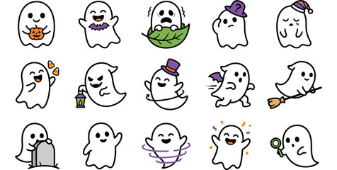 Obraz premium Set of cute hand drawn ghost characters for halloween stickers and fun holiday party design elements
